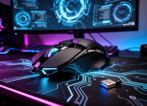 Futuristic Gaming Mouse with Vibrant RGB Lighting on Tech Circuit Mousepad