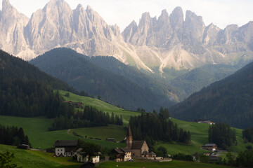 Obraz premium View of Val di Funes with the Chruch of Santa Maddalena in the Dolomites Mountains. Italy 