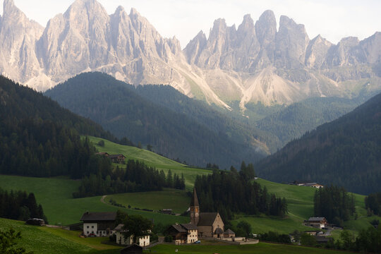 View of Val di Funes with the Chruch of Santa Maddalena in the Dolomites Mountains. Italy 