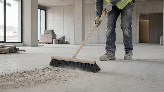 Construction worker sweeping broom concrete floor dust cleaning renovation safety vest hard hat industrial