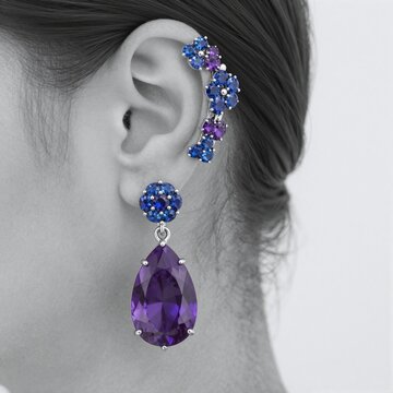 Elegant ear cuff and drop earring adorned with blue and purple gemstones