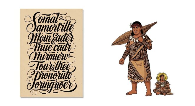 Polynesian Man in Traditional Attire with Calligraphy Artwork