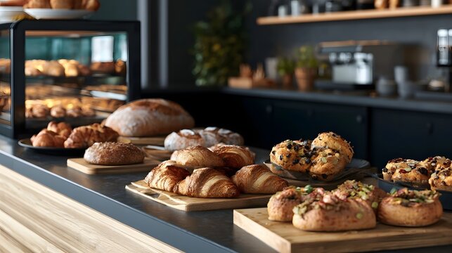 A variety of fresh baked goods including croissants  breads  and seeded pastries displayed on wooden boards at a modern bakery counter