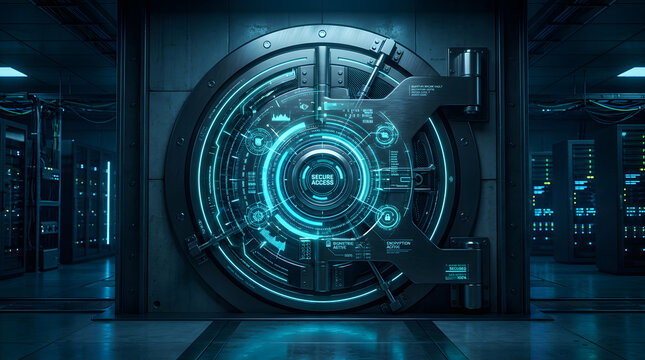 A massive circular digital vault door with glowing blue encryption patterns in a dark server room.