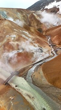 Vertical aerial drone view of the Kerlingarfj&ouml;ll geothermal area. A view of steam rising from orange hills, a bridge crossed by people and a river. Iceland