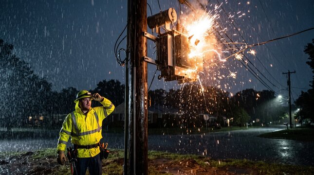 Utility worker witnessing a power transformer explosion during a heavy rainstorm at night