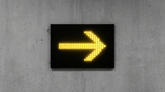 A digital yellow arrow made of LED lights points right, mounted on a black rectangular panel against a concrete wall.