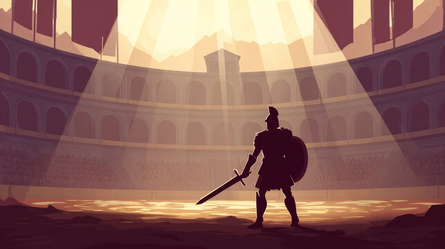 Gladiator Silhouette in Ancient Roman Arena