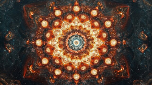 Abstract Psychedelic Mandala Starburst with Fiery Orange and Blue Hues