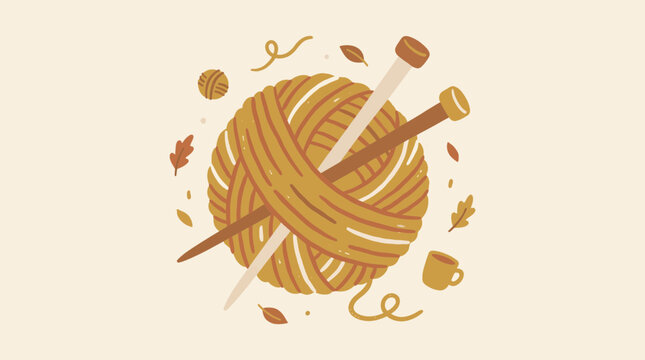 Vector illustration of a cozy ball of yarn with knitting needles and autumn leaves in a rustic aesthetic