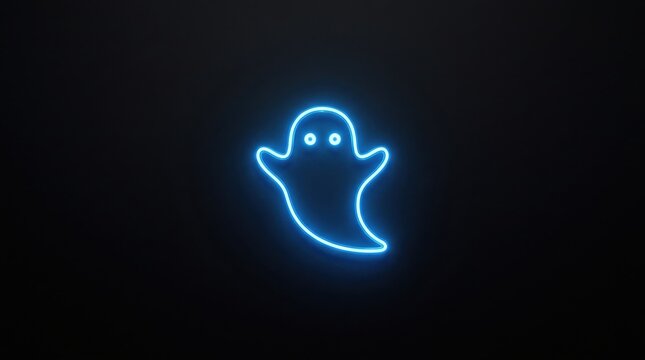 A glowing blue neon sign of a simple ghost icon on a dark background.