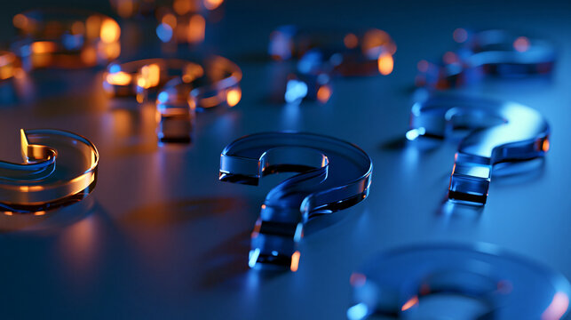 Glowing three dimensional question marks on a bright clean well lit background curiosity concept critical thinking self guided learning education exploration insight