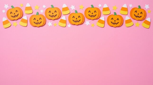 Halloween-themed border with smiling jack-o'-lanterns, candy corn, and white stars on a pink background.
