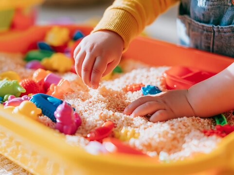 Close up of toddler hands exploring colorful sensory play with small toys in a bright plastic container on a textured surface indoors