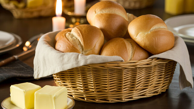 Photorealistic Thanksgiving Bread Basket With Butter Pats, Linen Cloth, And Close Food Detail.