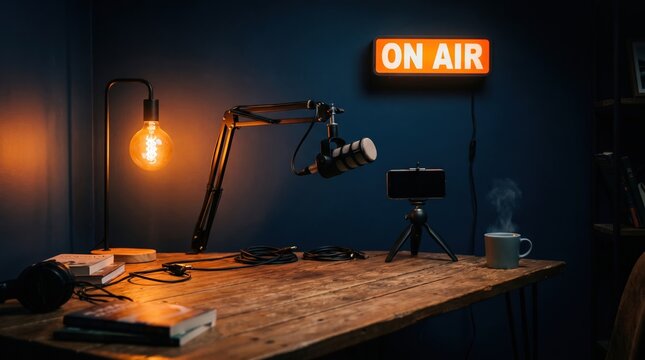Live online radio studio with on air sign