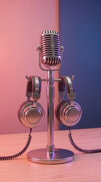 Podcasting and radio concept with retro microphone and headphones on empty wooden table and dark blank wall background with place for your logo or text. 3D rendering, mock up 