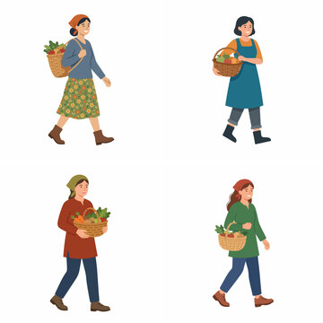 Set of female farmers carrying wicker baskets filled with fresh organic vegetables and fruits harvest flat vector illustration isolated on white background
