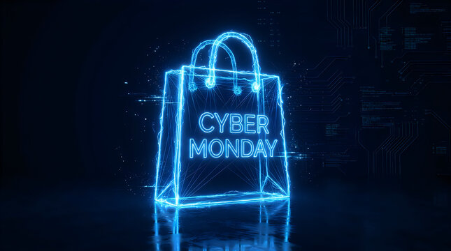 Glowing neon blue shopping bag with the words cyber monday written inside representing online sales and digital shopping event on black background.