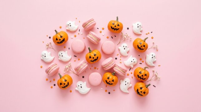 Halloween-themed arrangement of mini pumpkins, pink macarons, ghost-shaped meringues, and decorative flowers on a pastel pink background.