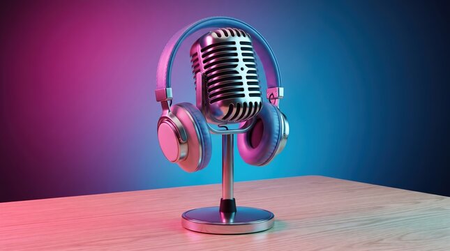 Podcasting and radio concept with retro microphone and headphones on empty wooden table and dark blank wall background with place for your logo or text. 3D rendering, mock up 