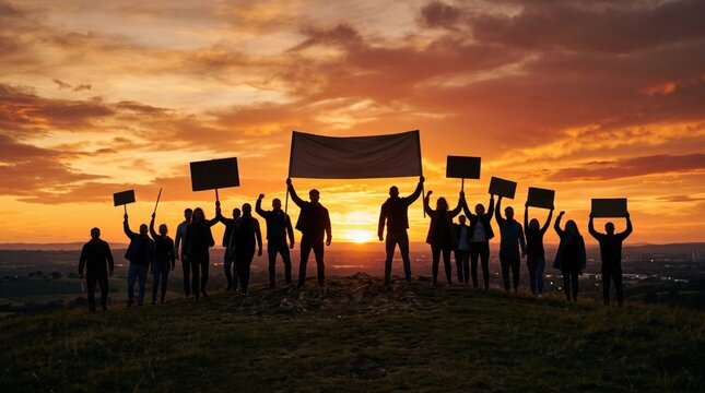 Silhouetted group holding signs and banners during sunset on a hill, symbolizing protest or demonstration.