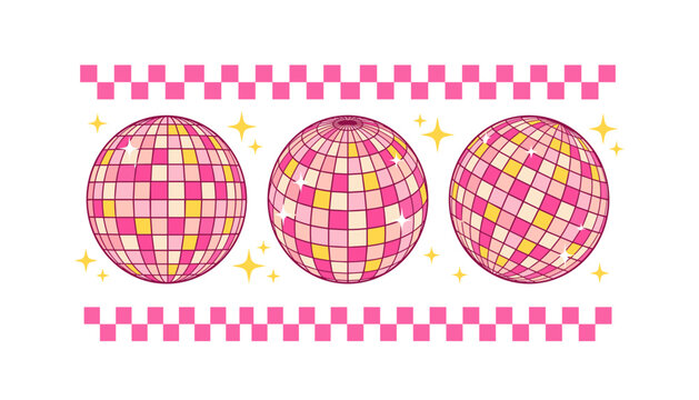 Three pink disco balls arranged horizontally between checkered borders, featuring yellow stars, retro sparkles, and vibrant tiles.