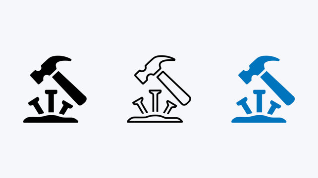Three variations of a hammer and nails set in solid black, thin outline, and blue color styles for construction and repair themes