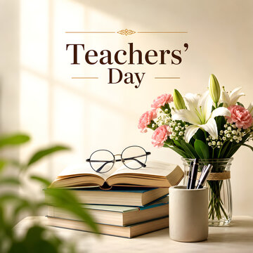 Teachers day celebration with books and flowers