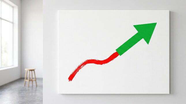 A white canvas with a red upward curving arrow turning into a green arrow pointing up, displayed in a bright, minimalist room with a stool by the window.