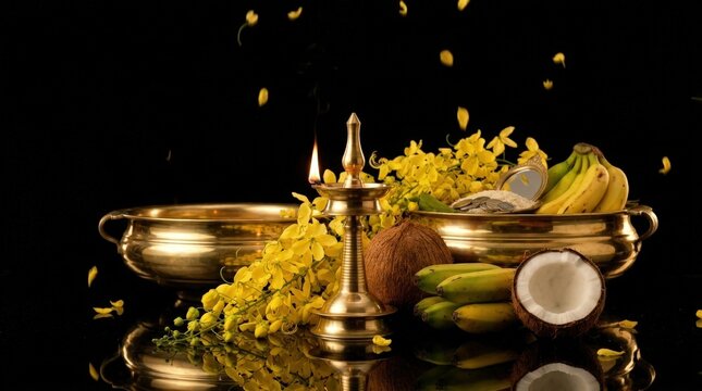Traditional kerala vishu festival display showcasing lit brass oil lamp, yellow konna flowers, fruits