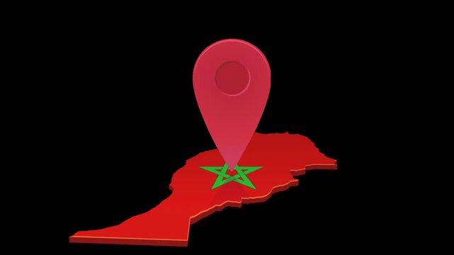 Animated location pin mark on Morocco map representing travel destination, navigation, geotargeting, and tourism. Chroma key green screen with alpha channel. (loopable)