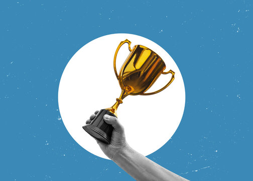 Flat-design illustration. A contemporary artistic collage featuring a hand holding a trophy. The concept of victory and achievement.