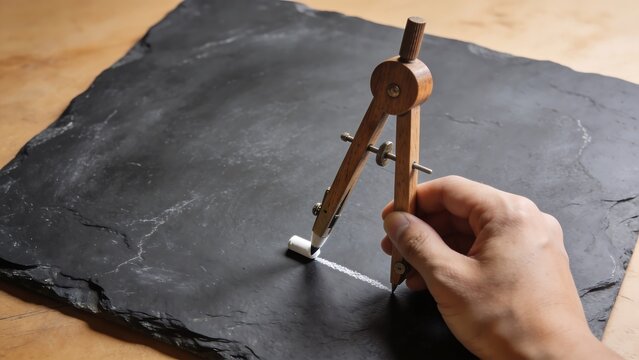 Hand Drawing with Wooden Drafting Compass on Slate Board