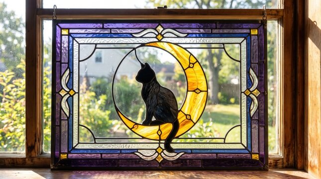 A stained glass window featuring a black cat silhouette sitting on a yellow crescent moon with purple and clear glass accents, backlit by a sunny garden view.