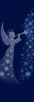 Christmas angel trumpet figure made of snowflakes on dark blue background