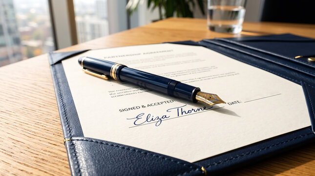 Fountain pen resting on signed business partnership agreement inside a dark blue leather folder office setting