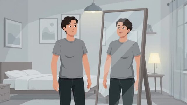 Young man looking at his reflection in a bedroom mirror with a sad and thoughtful expression