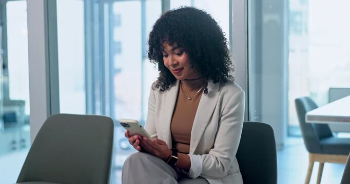 Business, woman and waiting room in office with phone, research and application for interview. Smile, person or candidate in workplace with mobile, online survey and registration form for recruitment