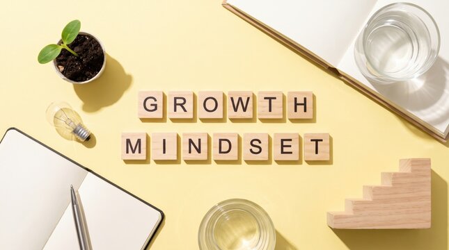 Wooden letter tiles spell "Growth Mindset" surrounded by a notebook, pen, plant, lightbulb, water glass, and wooden staircase model on a yellow background.