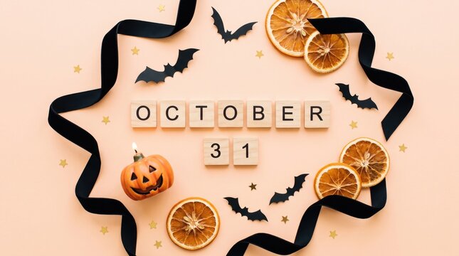 Halloween-themed flat lay featuring "October 31" scrabble tiles, a jack-o'-lantern, dried orange slices, black ribbon, bats, and gold star confetti on a peach background.
