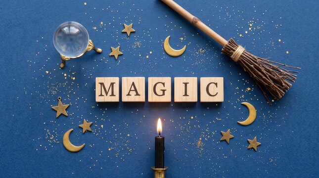 Wooden blocks spell "MAGIC" surrounded by stars, crescent moons, a broomstick, a candle, and a crystal ball on a blue background.
