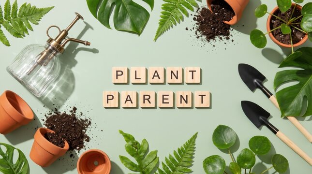Gardening tools, plants, and soil surround wooden tiles spelling "PLANT PARENT" on a light green surface.