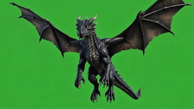 Dark Fantasy Dragon Standing on Rock With Wings Spread Green Screen 4K