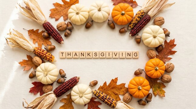 Autumn-themed arrangement with mini pumpkins, Indian corn, acorns, walnuts, and fall leaves surrounding "THANKSGIVING" spelled out in wooden tiles.