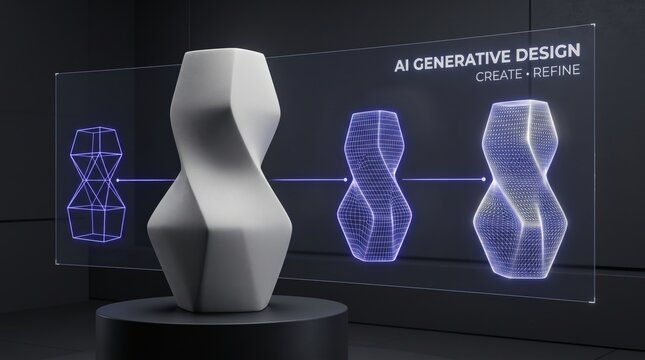 A physical 3d printed object displayed next to digital holographic wireframe models representing advanced artificial intelligence industrial design and engineering concepts