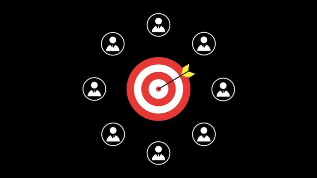 Target with dart surrounded by user profile icons animation with transparent background for audience segmentation