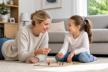 Naklejka premium A mother and daughter are happily playing a board game together in a bright, modern living room.