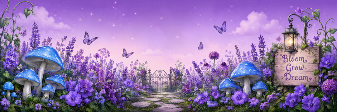 Magical fantasy garden with glowing lantern, purple flowers, blue mushrooms