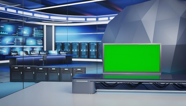 Modern Television Studio with Green Screen and Equipment.